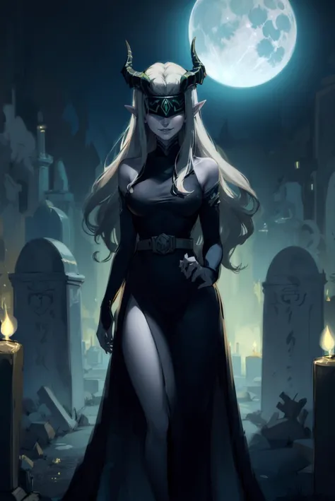 Shemira_AFK, solo, pointy ears, horns, covered eyes, (grey skin:1.1), long dress, belt, confused smile, night, candles,  moon, graveyard, tombstones, best quality, masterpiece, ultra high res, detailed skin, high detail,