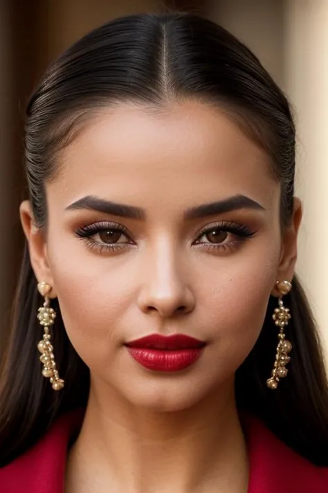 a woman with long hair wearing red lipstick and earrings