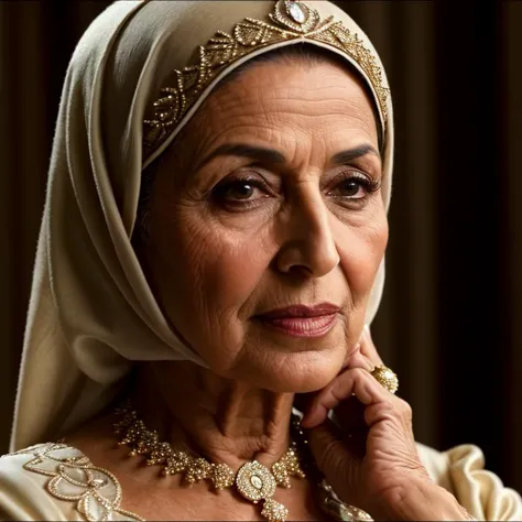 cinematic film still 60-Year-Old Arabic Elegance   Illustrate the elegance and grace of a 60-year-old Arabic woman, capturing the wisdom and beauty that come with age. . shallow depth of field, vignette, highly detailed, high budget, bokeh, cinemascope, moody, epic, gorgeous, film grain, grainy