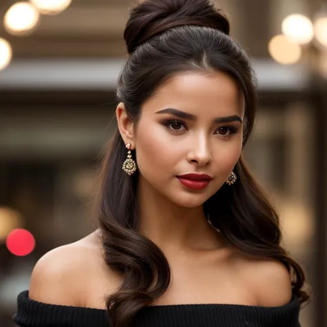 a close up of a woman with a black top and earrings