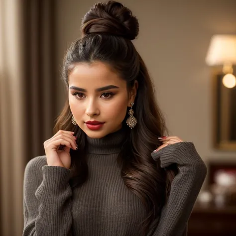 a woman with long hair wearing a turtle neck sweater and earrings