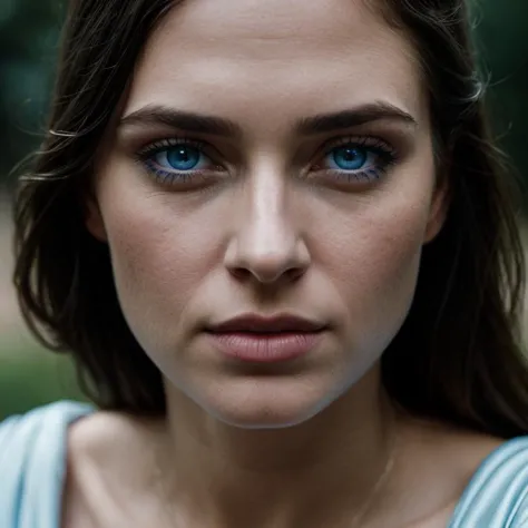 a close up of a woman with blue eyes looking at the camera