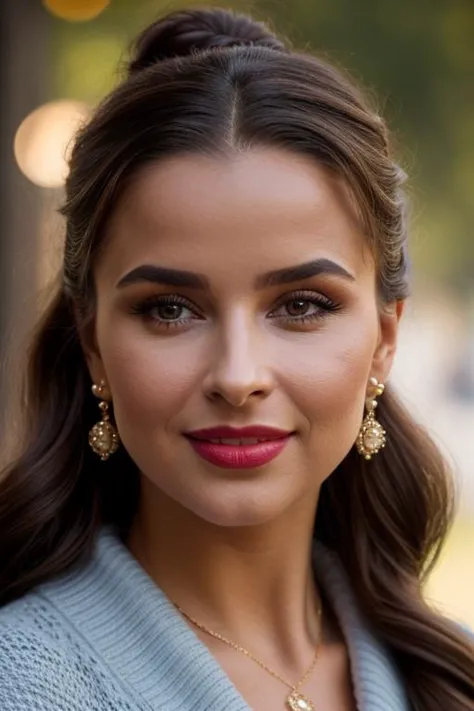 a woman with long hair wearing a blue sweater and gold earrings