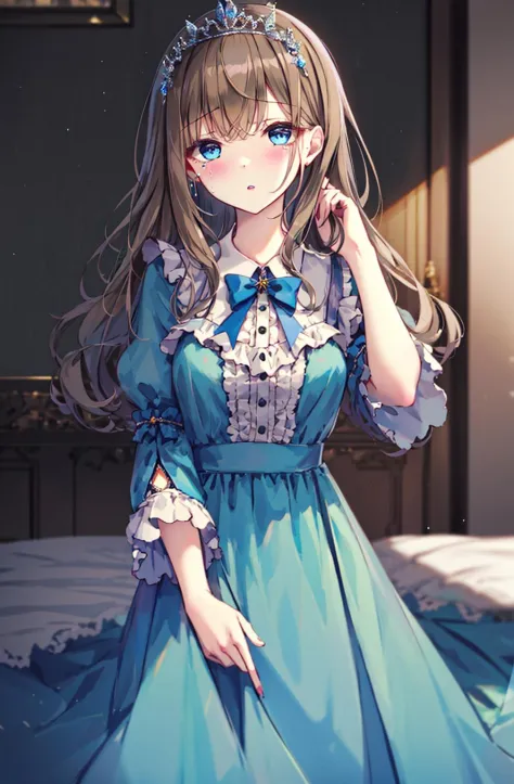 1girl, long_hair, dress, solo, bangs, bow, eyebrows_visible_through_hair, looking_at_viewer, parted_lips, blue_bow, own_hands_to...