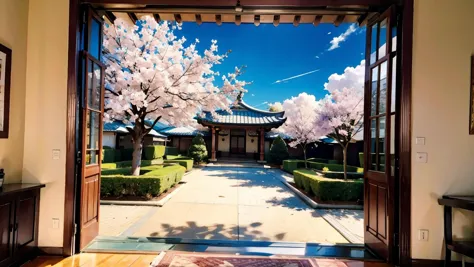 Create a serene setting in Snow Jade Court,with a blossoming cherry blossom tree and falling petals.,
Illustrate Liu Hanyan's el...