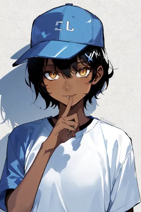 1girl, solo, dark skin, dark-skinned female, upper body, baseball cap, t-shirt, tomboy