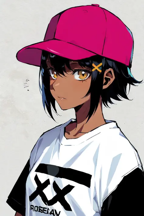1girl, solo, dark skin, dark-skinned female, upper body, baseball cap, t-shirt, tomboy