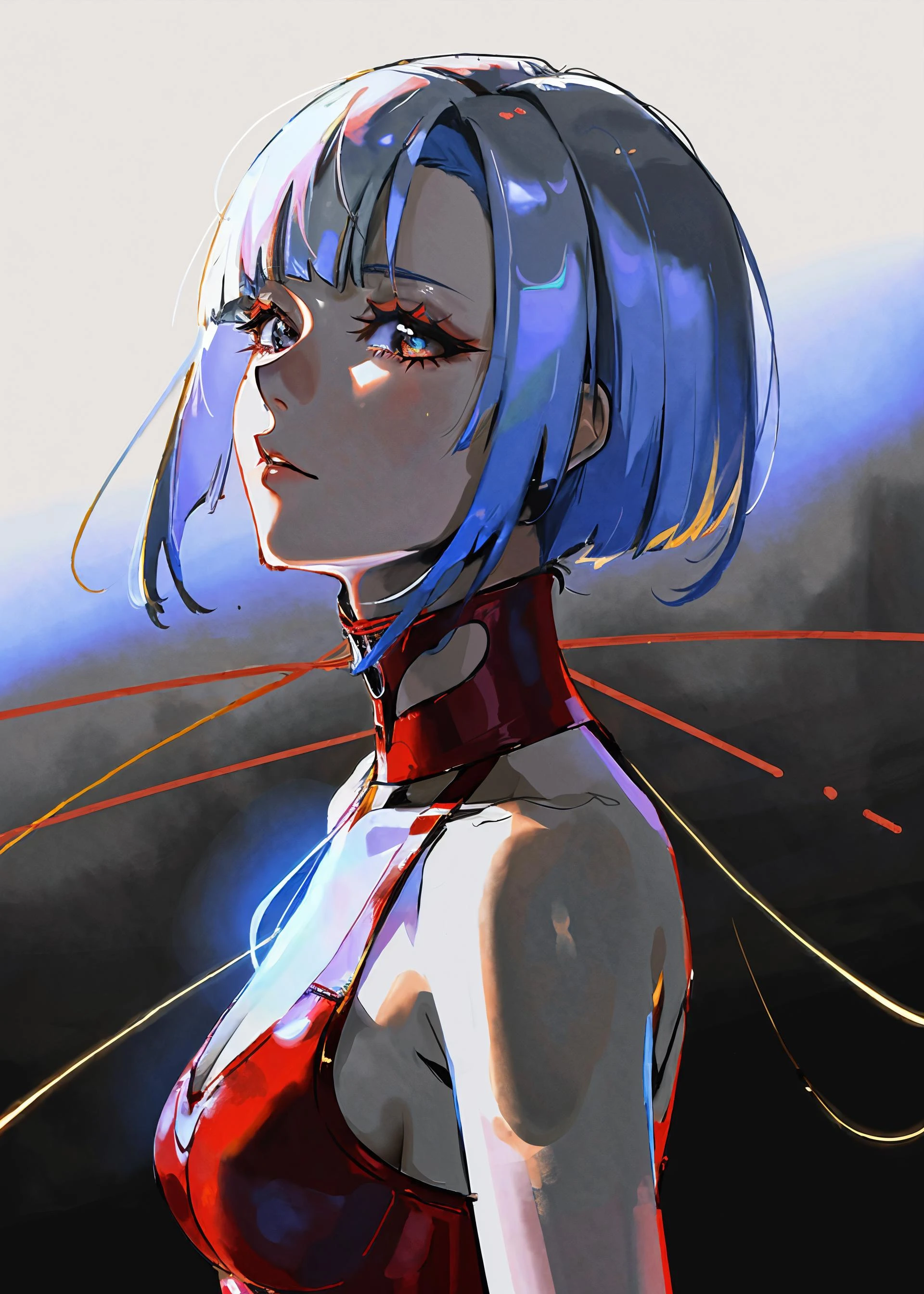 von Yoneyama Mai, eine Lucy mit weißem Bob-Schnitt und abgestuften Augen \(cyberpunk edgerunners\) Mädchen watet elegant, Allein, Oberkörper, einfacher Hintergrund