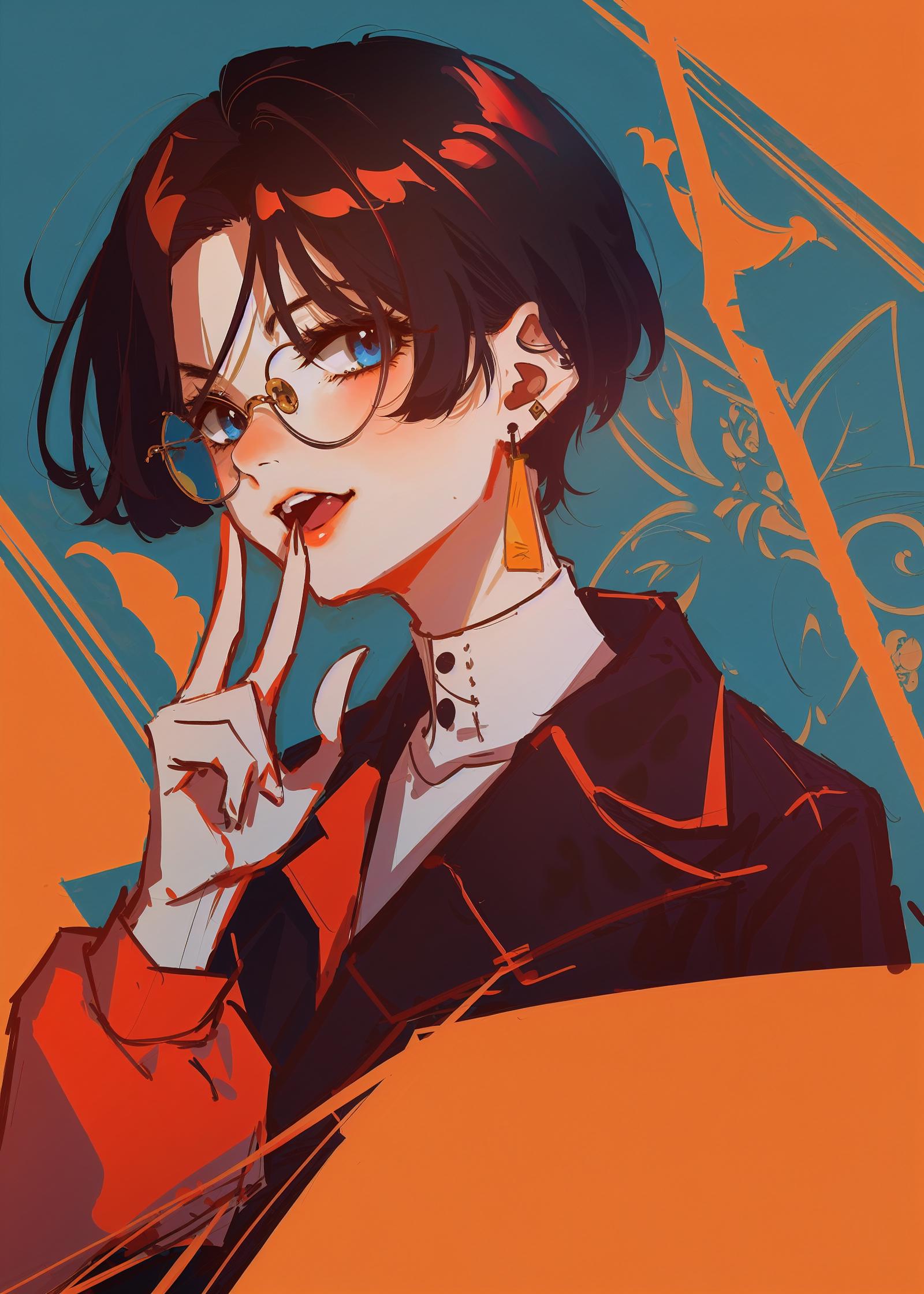 Anime girl with glasses and a red tie holding her finger to her lips -  SeaArt AI