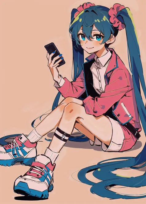 by yoneyama mai, 1girl, solo, hatsune miku, long hair, twintails, very long hair, shorts, sitting, white background, white shorts, jacket, socks, shoes, looking at viewer, head tilt, sneakers, holding, simple background, full body, phone, scrunchie, white socks, belt, pink jacket, blue hair, fingernails, holding phone, shirt, blue eyes, white footwear, hair ornament, cellphone, closed mouth, aqua eyes, smile, hair between eyes, long sleeves, bangs, hair scrunchie, aqua hair, nail polish, alternate costume, short shorts, white shirt, clothing cutout, smartphone