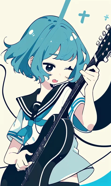 by haru, 1girl, instrument, solo, guitar, one eye closed, skirt, neckerchief, short sleeves, sailor collar, blue hair, short hai...