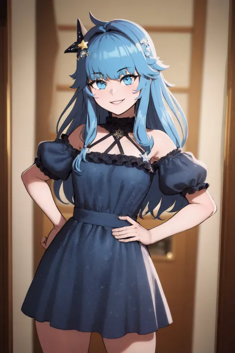 (masterpiece, best quality:1.2), cowboy shot, solo, 1girl, smile, looking at viewer, hands on hips, long hair, blue hair, star hair ornament, blue eyes, blue dress <lyco:style_aestheticc-meme-20:1.0>