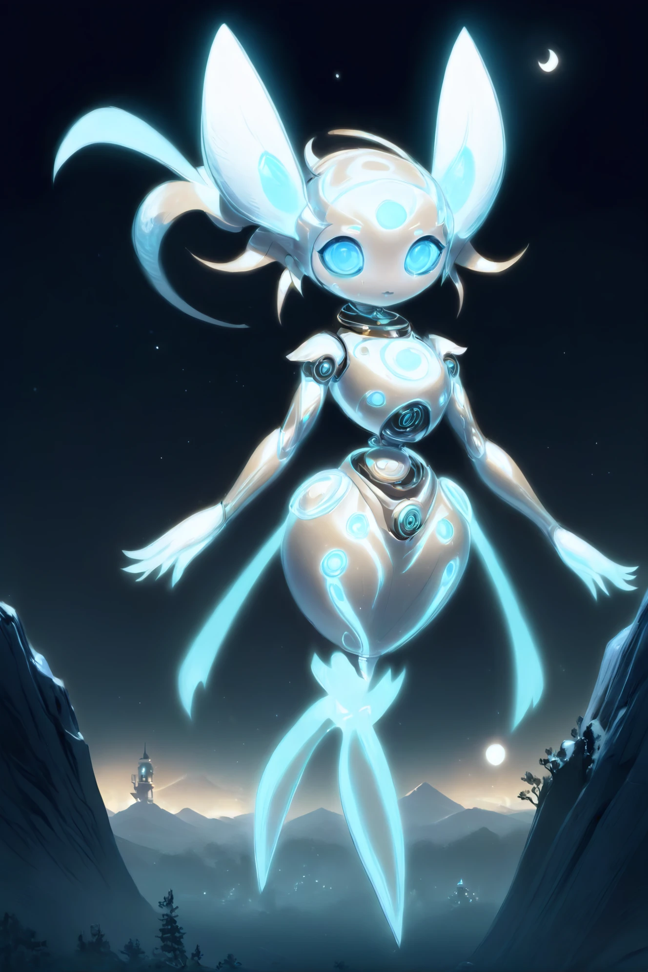 linda garota robô, magitech, Um espírito lunar luminoso, com trilhas prateadas, pairando sobre uma paisagem noturna tranquila.