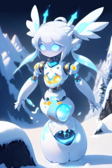 귀여운 로봇 소녀, 마술, 온화한 눈의 정령, 반짝이는 흰색, 눈 덮인 산꼭대기 위로 천천히 표류하다.