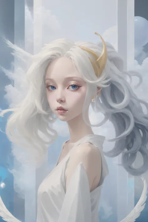 1girl, woman, (divine PC Music:1.3) angel, [:casual costume design,:0.2], bombshell hair, blue-grey and goldenrod hair, ahoge, hourglass figure, albino<lora:EnvyDramaticPortraitXL01:1.5>