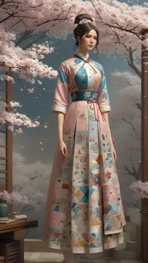 a close up of a woman in a dress standing in front of a tree