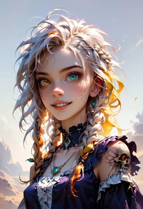 score_7 ,score_8, score_9 up, solo, Realistic masterpiece of (halfhag) young woman,girl, solo, Braids, wild hair, 2 braids ,full figure, smiling, white hair, peasant clothes, sleeveless, ( witch),(((heterochromia, one green eye, one amber eye,))), fingers like talons , long sharp fingernails,  breasts, covered breasts, very pale skin) , shark teeth, scars across left eye and nose and on shoulders and neck, scars on arms and legs , sharp triangular teeth, ((bioluminescent freckles on skin),woman smiling with her huge eyes and razor sharp teeth), ((petite body, very skinny body, long legs)), ( gothic choker and necklace), fantasy dress, perfect feet, perfect, Human feet,perfection, barefoot,  
, (simple white background:1.4), Masterpiece, best quality, photo, realistic, very aesthetic, detailed face, Expressiveh,, dramatic pose, low perspective, amazing cinematic shot. hires, HD,Human feet, teeth, zPDXL2,  full body view