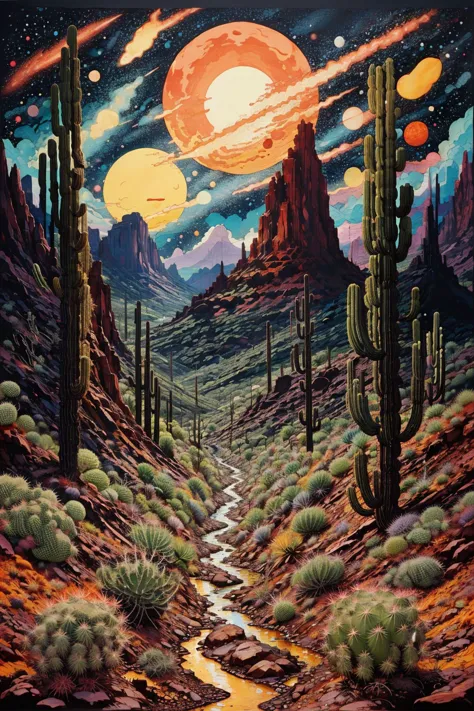 a painting of a desert scene with a stream running through it