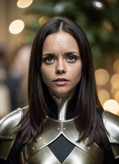 a professional photo of a beautiful sks woman, (fully clothed in medieval battle armor), olive skin, long dark hair, beautiful b...