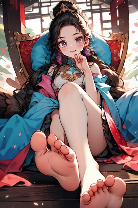 anime girl with long hair sitting on a bed with her feet up