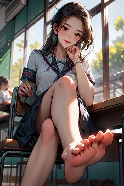 masterpiece,best quality, 1girl, school uniform, sitting on chair, cross leg, class room,show feetï¼Sole of foot
