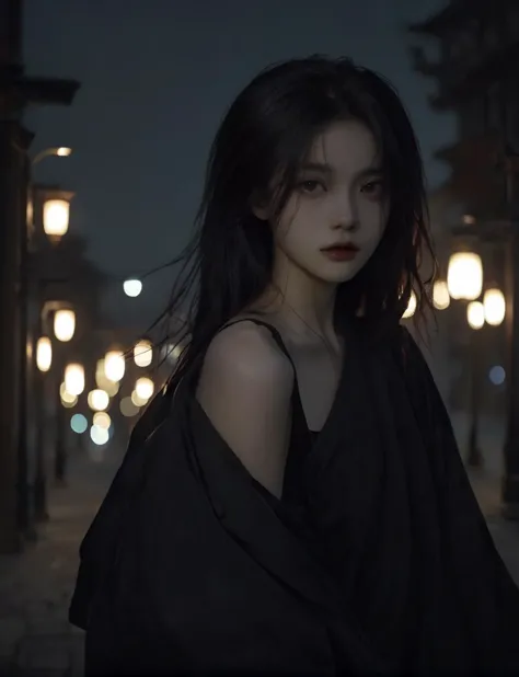 solo,realistic,lips,black hair,collarbone,closed mouth,Beside the outdoor street,the dim light of the street lamps at night shines on one side of the face,1girl,absurdres,(Looking at the camera:1.2),<lora:XLå½é£è¸Lora--æ¨¡å:0.8>,<lora:ChillyV1.0:0.6>,