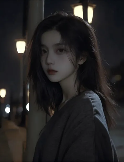 solo,realistic,lips,black hair,collarbone,closed mouth,Beside the outdoor street,the dim light of the street lamps at night shines on one side of the face,1girl,absurdres,(Looking at the camera:1.2),<lora:XLå½é£è¸Lora--æ¨¡å:0.8>,<lora:ChillyV1.0:0.6>,