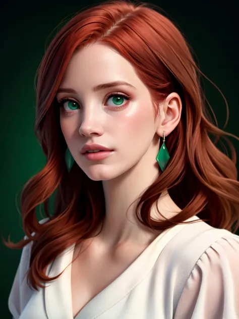 Realistic photo of a beautiful j3ss1c4c-v2 woman,  1girl, solo, long hair, looking at viewer, red hair, jewelry, green eyes, earrings, parted lips, hair over one eye, lips, portrait, realistic, soft lighting, professional Photography, Photorealistic, detailed, RAW, analog, sharp focus, 8k, HD, high quality, masterpiece