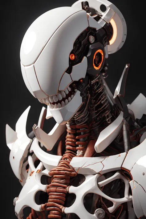 a close up of a robot with a glowing eye and a skeleton like body