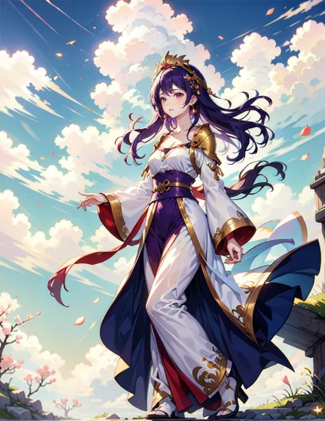 ((masterpiece, best quality)), 1girl, mature, floating hair, light purple hair, ancient empress, jewelly, head jewelly, long sleeves, collarbone, outdoor, cloud, sky, nature, fantasy, mysterious, fullbody, heaven, peach petals
 <lora:Ancient_Empress:0.65>