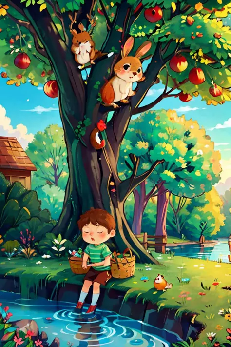 a boy standing in the water near a tree with animals