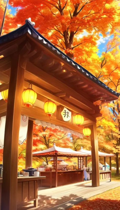 japanese festival, scenery, detailed, masterpiece, autumn, sharp, festival, lanterns, ((food stalls)), ((food porn)), spirited away