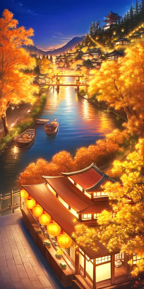 japanese festival, scenery, detailed, masterpiece, autumn, sharp, festival, lanterns, ((food stalls)), ((food porn)), spirited away