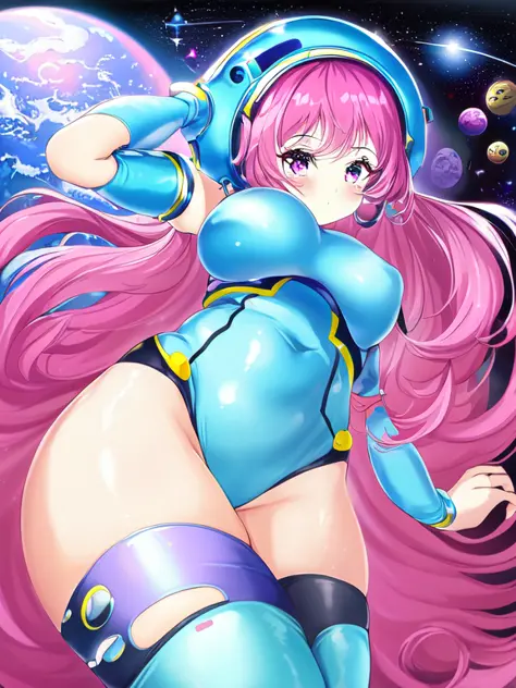 sadness,  solo, 1girl, robotic, outer space background, eyes,waist, thighs, retro, hair,  arms, hands, cyan, magenta, yellow, masterpiece, by narae