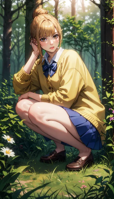 anime girl kneeling in the grass with flowers and trees in the background