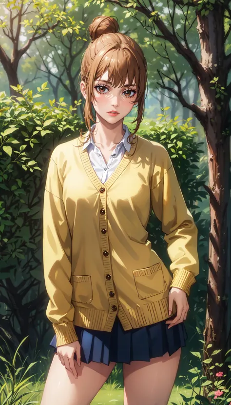 photorealistic, (4k), depth of field, (Masterpiece), (realistic skin texture), extremely detailed, intricate, hyper detailed, professional photography, bokeh, high resolution, sharp detail, best quality, girl, blonde brown hair, single hair bun, brown eyes, yellow cardigan, blue pleated skirt, <lora:GoodHands-beta2:0.4>, <lora:detail_slider_v4:0.8> , dynamic pose, (body bridge), <lora:Nanako Hasaba-000004:0.7> , small village in the distance, rolling hills, open fields,