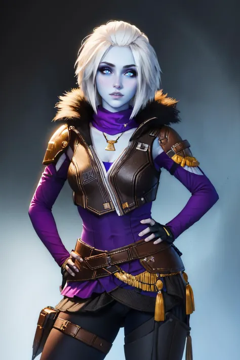 (masterpiece, best quality:1.2), solo, 1girl, mara sov, (blue skin:1.2), parted lips, looking at viewer, hand on hip, fur trim, ...