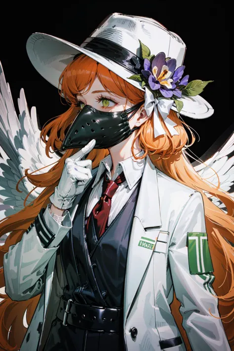 anime girl with long red hair wearing a white hat and black gloves