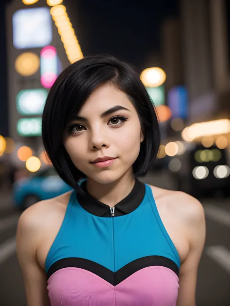 close-up portrait photo of 4nn44k4n4_V3-Emb, black hair , makeup, in the middle of a busy night time street, 8k uhd, high quality, dramatic, bokeh, dramatic lighting, camera f1.6 lens , hyper realistic , lifelike texture