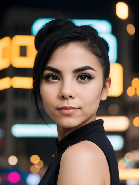 close-up portrait photo of 4nn44k4n4_V3-Emb, black hair , makeup, in the middle of a busy night time street, 8k uhd, high quality, dramatic, bokeh, dramatic lighting, camera f1.6 lens , hyper realistic , lifelike texture