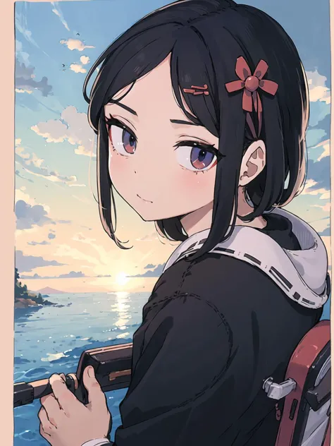 anime girl with a gun looking out at the ocean