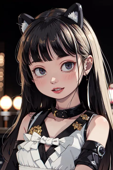 a close up of a girl with long hair wearing a cat ears outfit