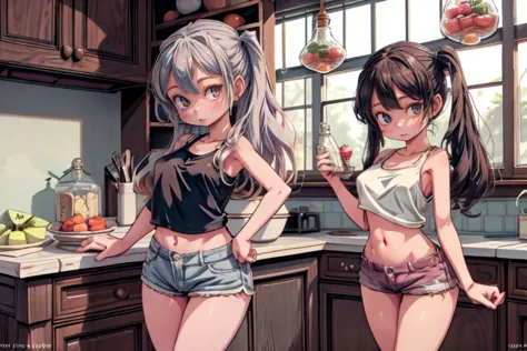 two pretty girls in a kitchen, casual style, tee shirt, tank top, jean's, shorts, wide hips, big boobs, (glasses:0.25), chair, table, fruit, bottle, food, (best quality:0.75), (3d:0.75), (realistic:0.25), (masterpiece:0.75),    <lora:AtomicHips2:1>, <lora:add_detail:1>