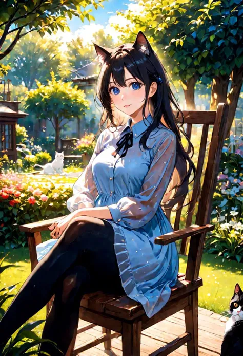 blue sky, , tree, in the beautiful bloom garden, 1woman with beautiful face, see-through dress shirt an black leggings, she is sitting on wood long chair with on one cat,sunlit, weak light and shadows