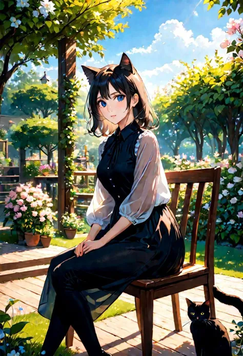 anime girl sitting on a bench with a cat next to her