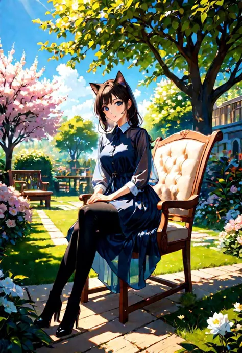 blue sky, sunlit, weak light and shadows, tree, in the beautiful bloom garden, 1woman with beautiful face, see-through dress shirt an black leggings, she is sitting on wood long chair with on one cat