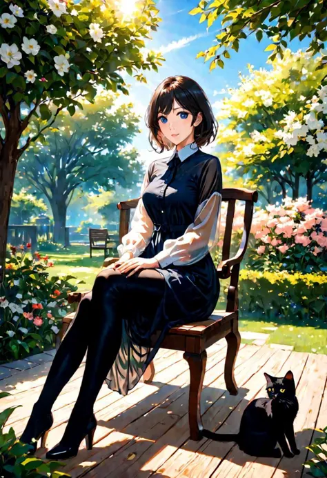 blue sky, sunlit, weak light and shadows, tree, in the beautiful bloom garden, 1woman with beautiful face, see-through dress shirt an black leggings, she is sitting on wood long chair with on one cat