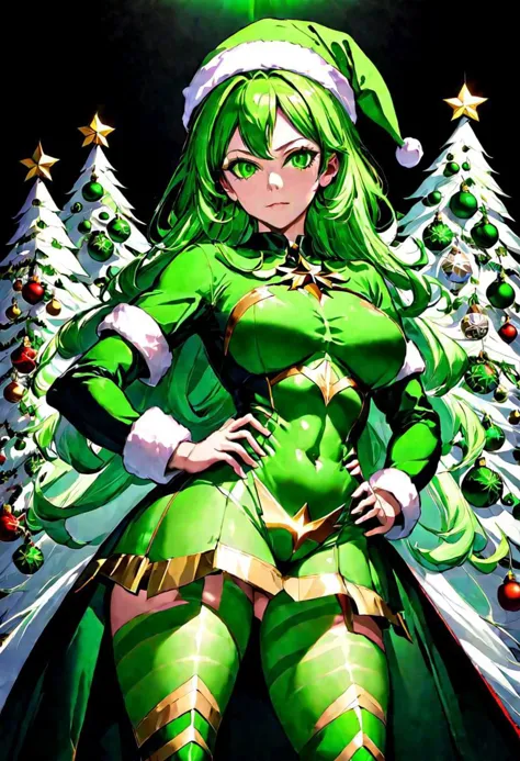 a close up of a woman in a green outfit standing in front of a christmas tree