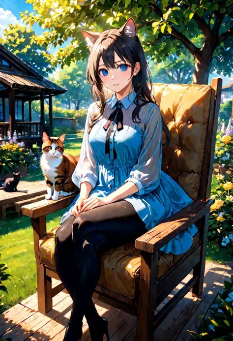 anime girl sitting on a chair with a cat on the back