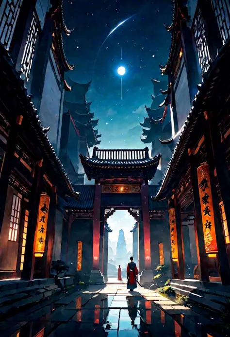 a woman in a red dress standing in a courtyard under a full moon